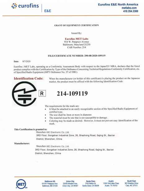 China Shenzhen WEE Electronic CO.,LTD certificaciones